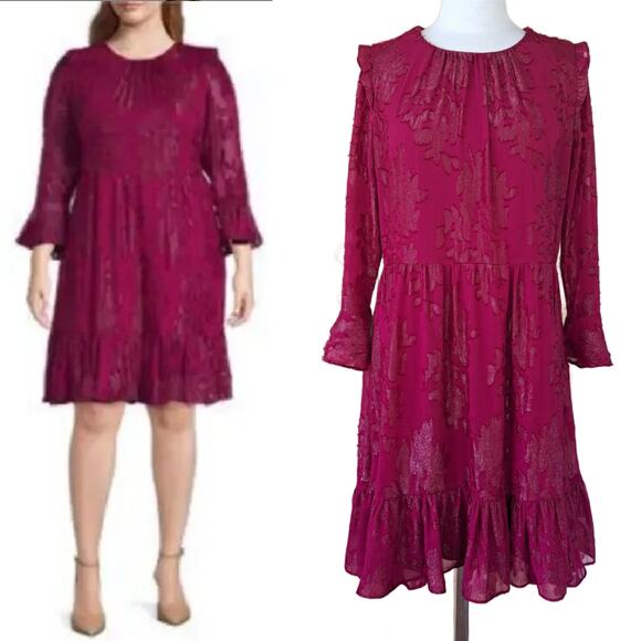 CALVIN KLEIN Floral Metallic Chiffon Buronout Dress Size 14 Fuchsia Long Sleeve - Picture 1 of 10